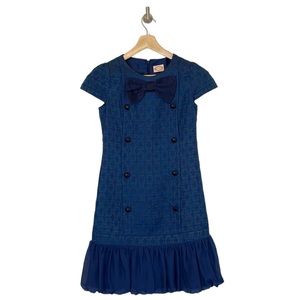 Reneevon Blue Jacquard Button Bow Bubble Ruffle Hem Dress S